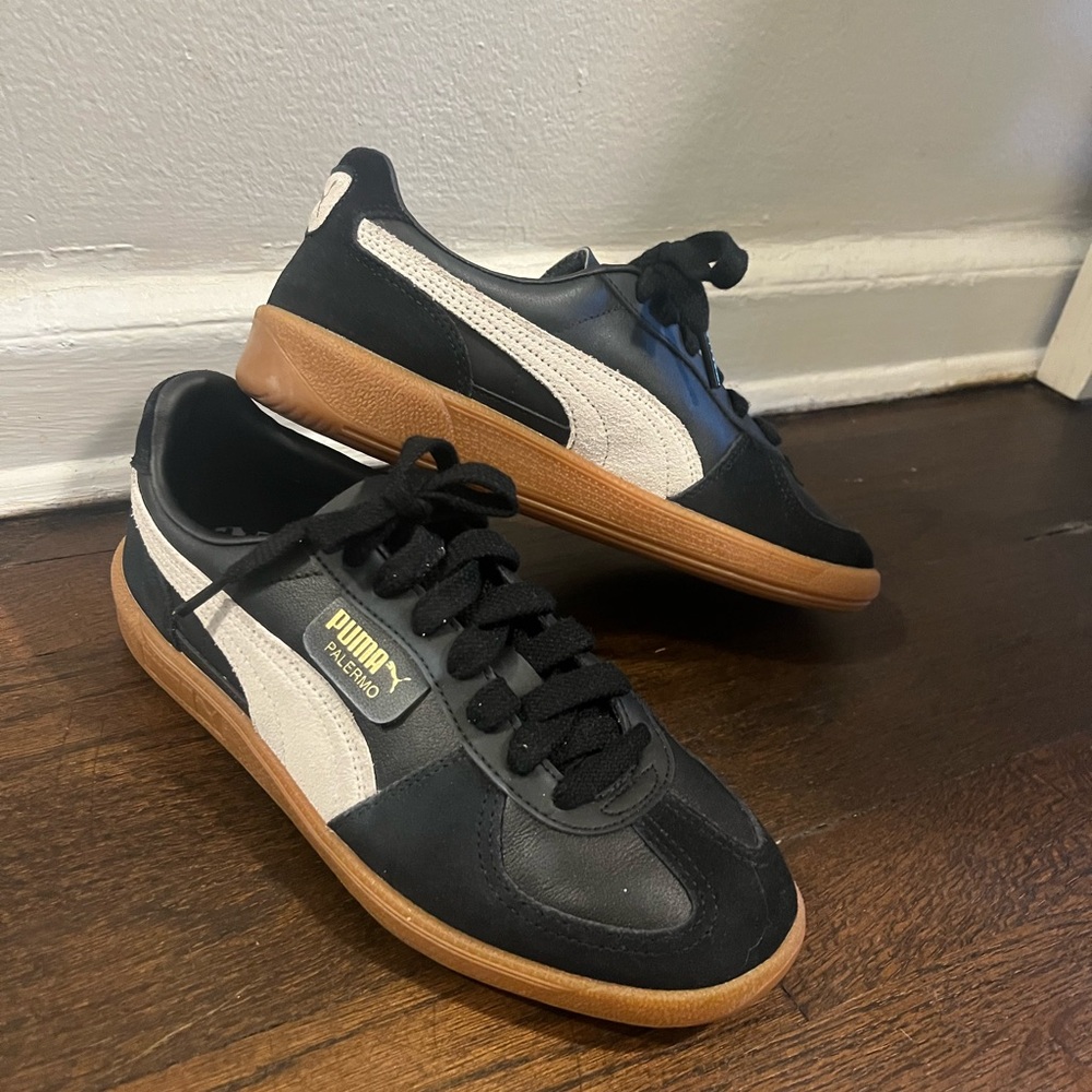 Puma Palermo Black and White Sneakers with Brown Sole